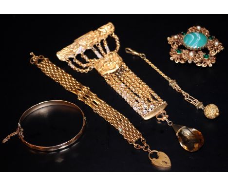 Mixed Lot Of Yellow Metal Jewellery Comprising A Gold Plate Bangle, Large Brooch, Chatelaine Style Hanging Brooch With Large 