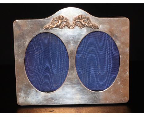 Double Silver Photo Frame, Shaped Top With Applies Cherub Decoration, Fully Hallmarked For London M 1986, Velvet Backed With 