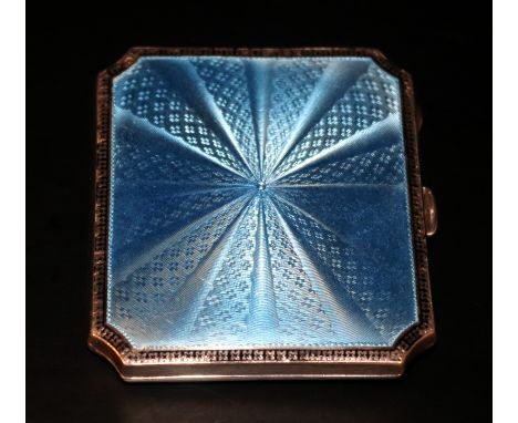 Silver Blue Guilloche Enamel Cigarette Case, Fully Hallmarked For Birmingham B 1926, Makers Mark HM (Henry Matthews), Inscrib