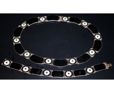 Danish Silver 925S Enamel Necklace And Bracelet Set, Black Enamel With White Flower Design