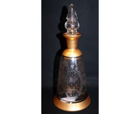 19thC Continental Etched Glass Decanter With Gilt Neck And Base, Floral Decoration With Leaping Deer And Building, Stopper St