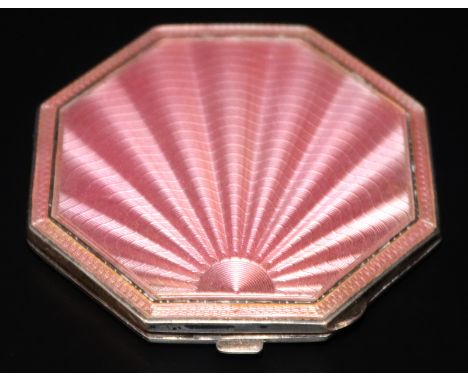 Silver Pink Guilloche Enamel Octagonal Compact, Fully Hallmarked For Birmingham Q 1940, Makers Mark D&amp;F (Deakin &amp; Fra