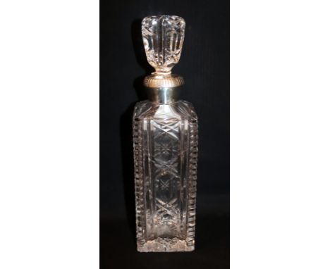 Cut Glass Decanter,  Silver Collar Marked 320 & Star, Height 11 Inches 