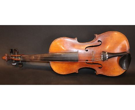 Antique Violin Of Good Colour, Two Piece Back, Length 14.5 Inches, With Engraved Button And Inlaid Back, Old Repair To Scroll