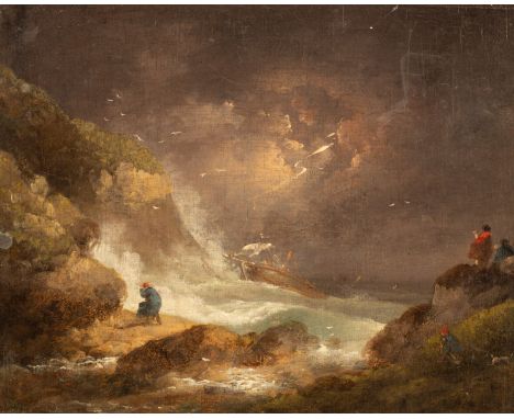 Follower of George Morland/Figures Watching a Shipwreck/oil on panel, 20cm x 24.5cm CONDITION REPORT: Condition information i
