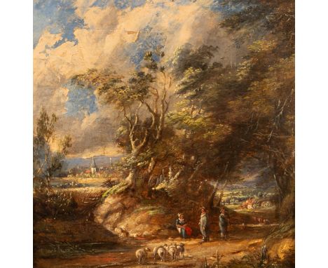 English School, Early 19th Century/Figures and Sheep on a Country Road/oil on panel, 22.5cm x 22.5cm CONDITION REPORT: Condit