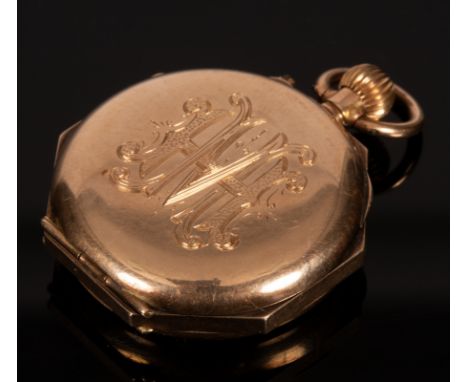 A lady's octagonal open faced pocket watch, cased in 14k gold, the dust cover initialled and dated 1905, approximately 22.3g 