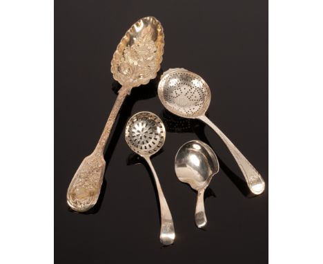 A silver caddy spoon, 1811, initialled F, a berry spoon and two sifter spoons, approximately 126g CONDITION REPORT: Condition