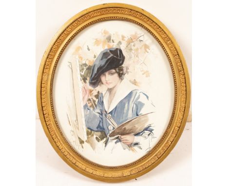 Harrison Fisher (1875-1937)/Portrait of an Artist at her Easel/signed and dated 1916/print, 28cm x 23cm, a portrait miniature