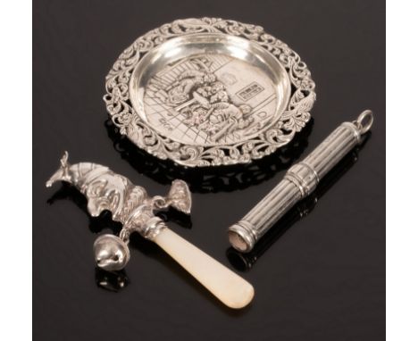 A small silver novelty rattle modelled as Mr Punch, Crisford &amp; Norris, Birmingham 1961, a propelling pencil by S Mordan &