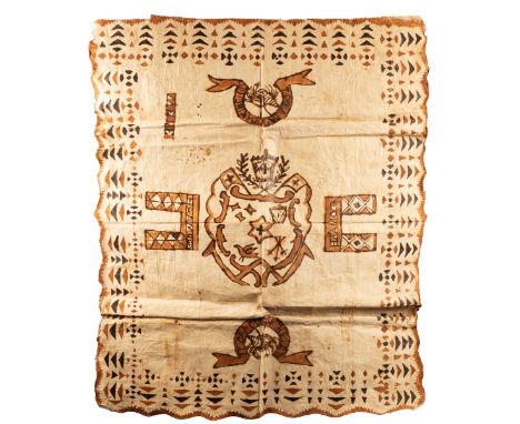 A rectangular Tonga tapa cloth, a central heraldic shield flanked by two depictions of Ha'amonga 'a Maui, decorated hermit cr