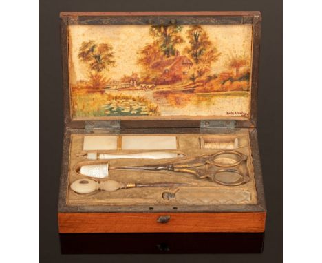 A Palais Royal sewing set contained in a satinwood fitted case with gilt metal mounted mother-of-pearl and other accessories,
