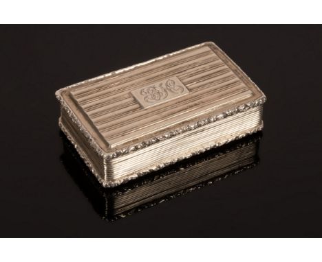 A rectangular silver snuff box, Joseph Willmore, Birmingham 1825, with central monogram JH and inscription to John Hunt insid