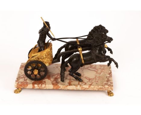 A Grand Tour bronze and ormolu figure of a horse drawn chariot, on a rectangular marble base with claw feet, 22cm high, the b