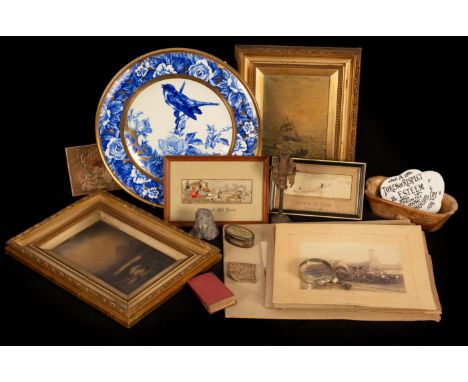 Two Stevengraphs and a quantity of sundries to include a Burleigh Ware wall plate, photographs of steam trains and two small 