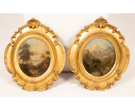 English School, 19th Century/Distant View of Ludlow Castle/Stream with Distant Mountains/a pair/oval/oil on panel, 18cm x 15c