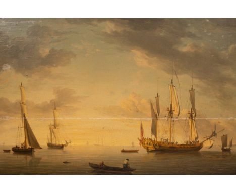 Dominic Serres (1722-1793)/Shipping in an Estuary/late afternoon with calm seas/oil on panel, 25.5cm x 37cm CONDITION REPORT: