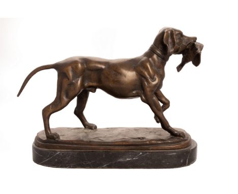 After Jules Moigniez/Study of a Pointer/a bird in it's mouth/bronze, on marble base, 21.5cm long x 16.5cm high  CONDITION REP