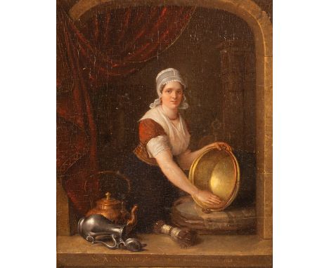 Wilhelm Adrian Netscher (1791-1851) after Gerrit Dou/Woman Cleaning a Brass Pan/signed and dated 1828 and inscribed/oil on pa