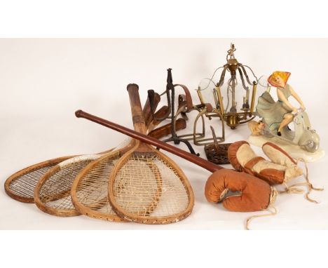 A box of sundries to include a brass and glass ceiling light, a pair of boxing gloves, a shillelagh, an Italian ceramic model
