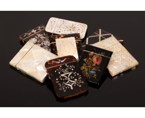 Two 19th Century visiting card cases etched flowers, five tortoiseshell visiting card cases inlaid mother-of-pearl and a visi