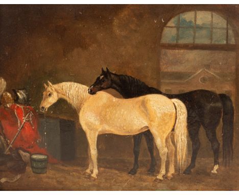 English School, 19th Century/Military Horses in a Stable/oil on panel, 15cm x 19cm CONDITION REPORT: Condition information is