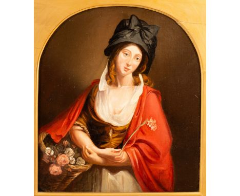 English School, mid 19th Century/Girl in a Red Cloak/carrying a basket of flowers/oil on canvas, 38cm x 30cm CONDITION REPORT