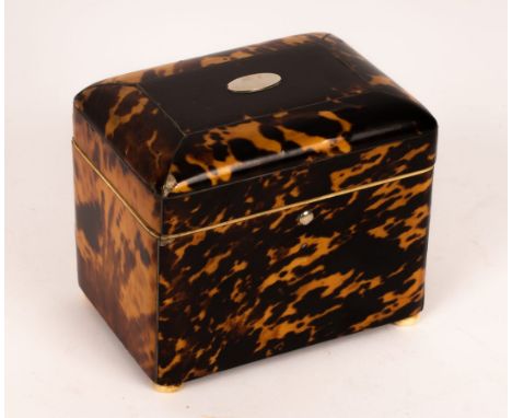 A late 18th Century rectangular tortoiseshell tea caddy on ivory bun feet, fitted a single lidded compartment with ivory knob