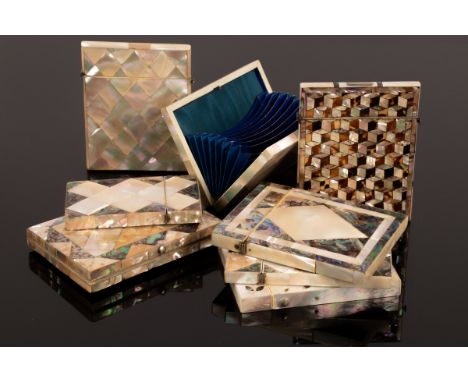 Two 19th Century mother-of-pearl, abalone and tortoiseshell inlaid visiting card cases, four other mother-of-pearl and abalon