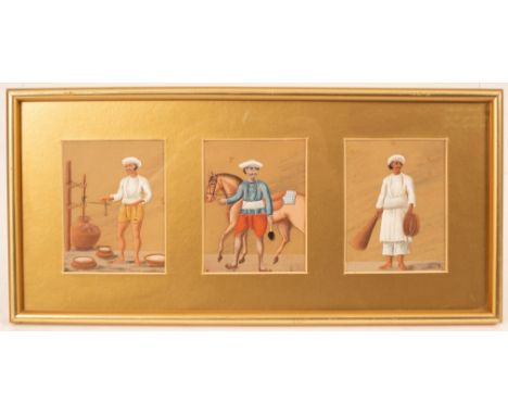 Indian School/Three Studies of Trades People/body colour on mica/each 11cm x 8.5cm/framed as one and a mezzotint portrait of 