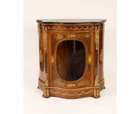 A French style gilt metal mounted serpentine front cabinet, with marble top (broken) above a glazed oval panel with Boulle ty