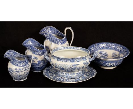 Two Spode Tower pattern jugs and wash basin, a smaller jug and a Basket pattern soup tureen and stand CONDITION REPORT: Short