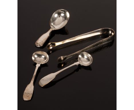 A silver caddy spoon, Edward Edwards, 1848, of shell fiddle and thread pattern, crested, a pair of silver mustard spoons, New