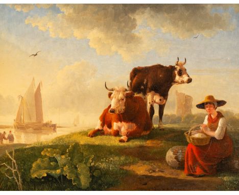 Follower of Leendert de Koningh/Woman Resting/by a river, with cattle/bears signature lower right /oil on panel, 24.5cm x 30c