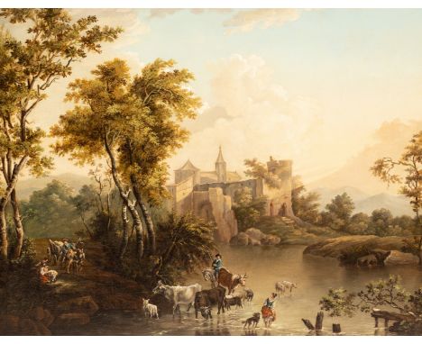 Flemish School, 19th Century/Cattle and Drover in a River/a castle beyond /oil on panel, 37.5cm x 48.5cm CONDITION REPORT: Co