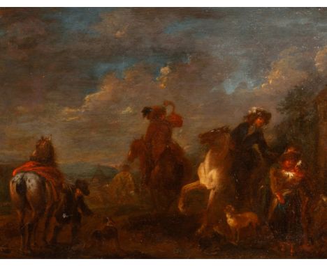 Manner of Philips Wouwerman/A Hunting Party Outside a Tavern/oil on panel, 27cm x 34.5cm CONDITION REPORT: Condition informat