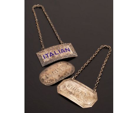 A silver wine label named 'Italian' in blue enamel, Birmingham 1949, and two other wine labels, approximately 36g CONDITION R