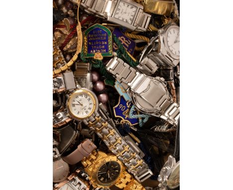 A large quantity of costume jewellery, sundry coins, watches and enamel badges for Royal Henley Regatta/Provenance: The Estat