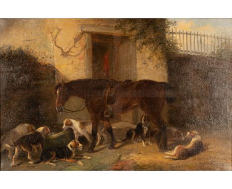 Thomas Smythe (1825-1907)/Horse and Hounds/drinking from a trough/signed lower right/oil on canvas, 34cm x 52cm CONDITION REP