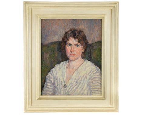 James Bolivar Manson (British, 1879-1945) Portrait of a lady in a striped dress oil on canvas 50 x 39cm (20 x 15in) Provenanc