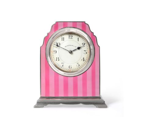 A George V silver cased and two-tone pink striped enamel boudoir mantle clock, by Walker &amp; Hall, Birmingham 1930, the ena