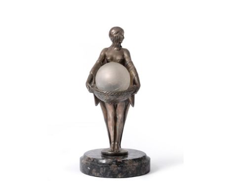 § Max Le Verrier (French, 1892-1973), an Art Deco silvered metal figural table lamp, circa 1925, modelled as a half-nude clas