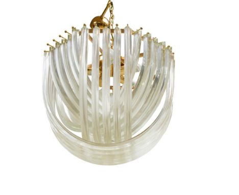 A pair of Murano glass chandeliers, the gilt brass plated chain and circular suspension ring holding a series of overlapping 