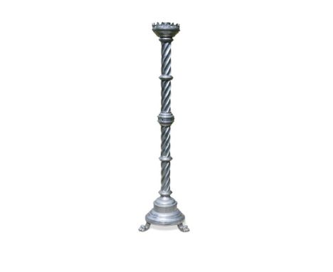 A large chromium plated Gothic alter stick, the twist column set with glass cabochons raised on three claw feet 180cm (70in) 