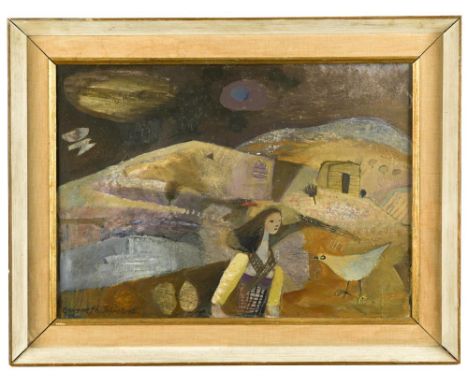 § Gwyneth Johnstone (British, 1914-2010) A woman in a landscape with a bird signed 'Gwyneth Johnstone' (lower left) oil on bo