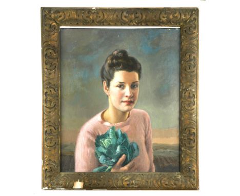 § Hilda Elizabeth Kidman, ASWA (British, 1891-1980) Portrait of a girl in a landscape holding a cabbage oil on canvas 60 x 53