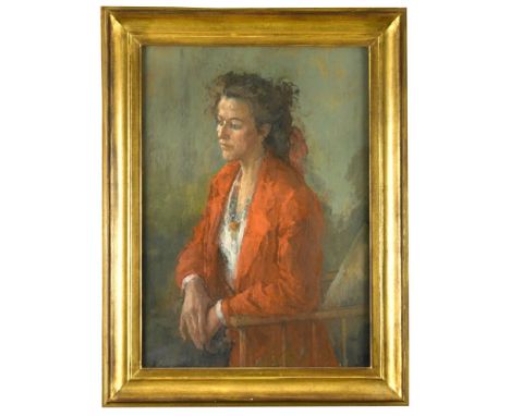 § Peter Kuhfeld, RP, NEAC (British, b.1952) Portrait of a young woman in a red jacket signed 'Kuhfeld' (lower right) oil on c