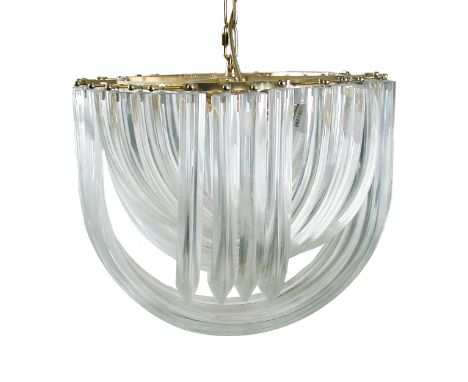 A Murano glass chandelier, the gilt brass plated chain and circular suspension ring holding a series of overlapping glass dro