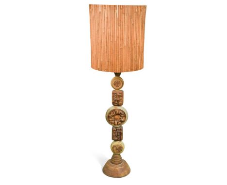 § Bernard Rooke, (British, born 1938), a stoneware floor lamp, the sectional lamp with original bamboo shade 106cm (41in)  