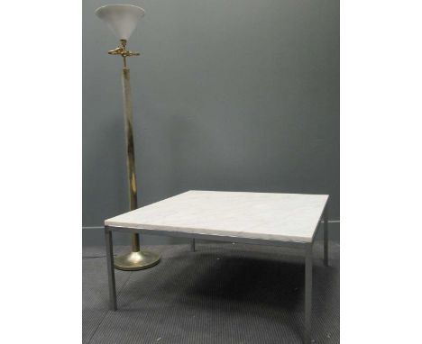 A modern white marble-topped table on square chrome legs, 41 x 91.5 x 91.5cm; together with a white metal standard lamp, on a
